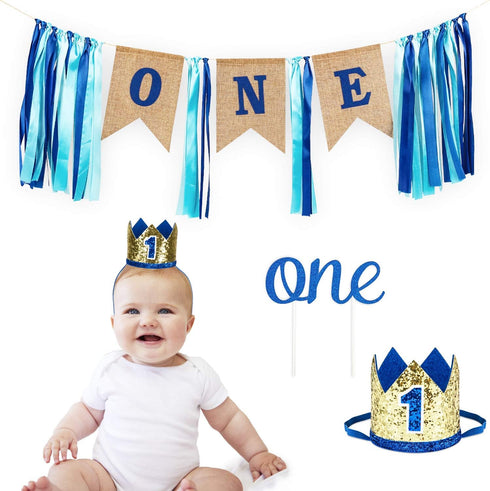 1st Birthday Boy Decorations with Burlap Highchair Banner, Blue Hat Crown, Cake Topper for Happy First Birthday Party