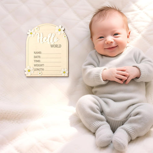 Fukaisu 6.5in 3) Baby Announcement Sign, Wooden Newborn Announcement Board Hello World Baby Birth Stats Sign Welcome