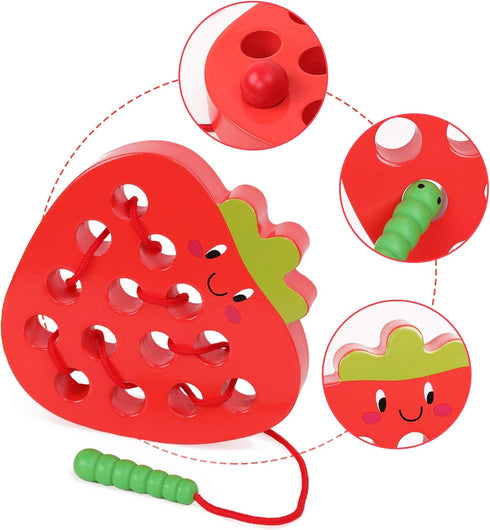 Wooden Threading Toys for 3 Year Olds, Fine Motor Skill Educational Montessori Travel Toy, 1 Strawberry & 1 Dog
