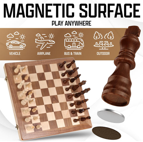 Chess Armory 15 Inch Magnetic Wooden Chess Set, Board Game for Adults & Kids with Extra Queen Pieces & Storage Box