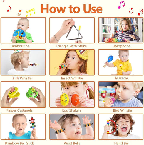 Set, 20 Set Kids Musical Instruments Pcs Toddler Wooden Percussion Instruments for Baby Children with Tambourine