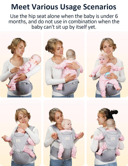 6-in-1 0-36 (7.7-66 lbs) Baby Carrier Newborn to Toddler, Ergonomic Infant Hip Seat Carrier with Storage Pocket