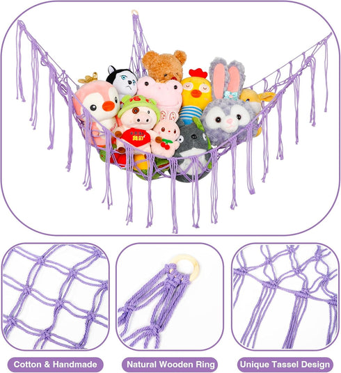 Boho Stuffed Animals Net Hammock, 55 Inch Toy Storage Corner Hanging Net Holder, Purple