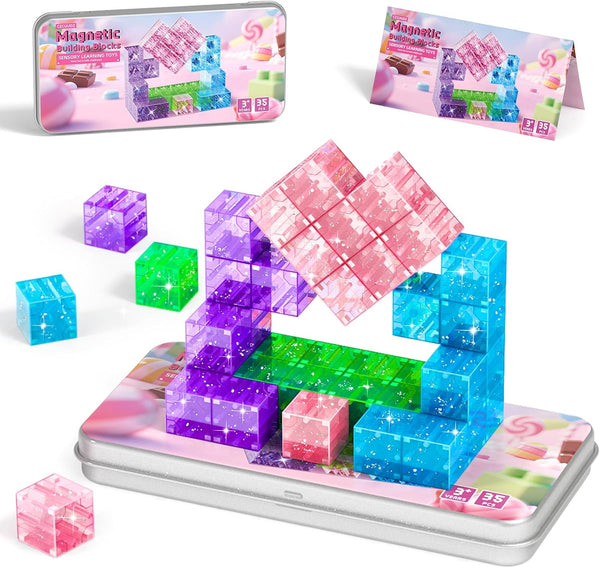 Magnetic Blocks Travel, 35PCS Mini Magnetic Blocks for Toddlers, STEM Building Cubes