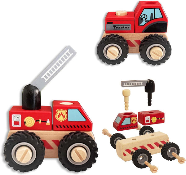 Construction Vehicles for Toddlers - 2 Pcs Wooden Detachable Cranes and Tractor, Hand Push Car Toys