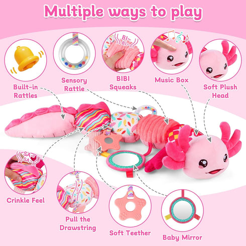 0-6 Tummy 0 3 6 9 12 Baby Girls Toys Months,Infant Sensory Caterpillar Pink Axolotl Baby Musical Rattles Time Toys