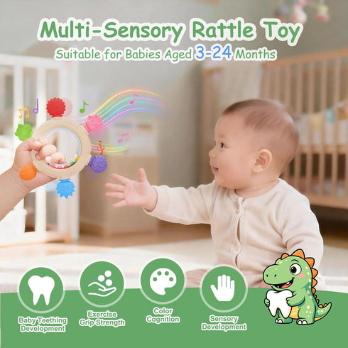 3 6 12 18 Yoolane Baby Teething Toys, Silicone Teether for Babies Months, Dinosaur Baby Teething Ring Rattle Teether