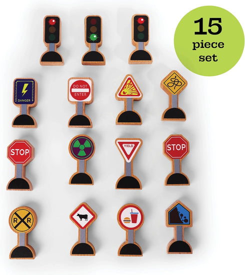 15 Pieces Wooden Traffic Signs for Kids, Zany Street Signs for Play Mats and Toy Trains, Educational Accessories