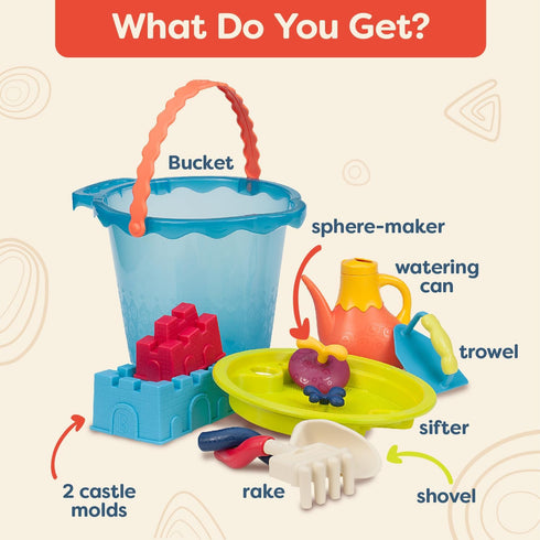 Set Playset Set 11 18 B. toys Shore Thing Large Bucket Water Play Beach Bucket (Navy) with Funky Sand Toys for Kids