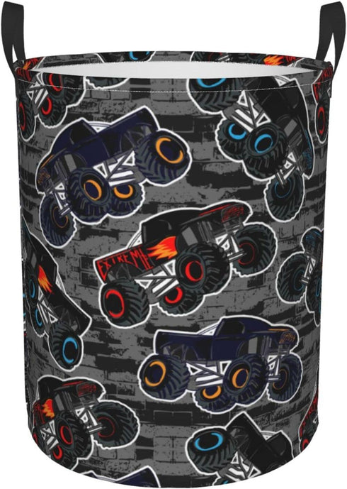 Gbuzozie Monster Truck Boys Style Round Laundry Hamper Storage Basket Toys Clothes Organizer