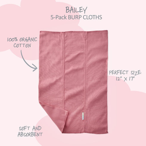 5-Pack 100% Butterblu Bailey Burp Cloths Organic Cotton Knit for Newborn & Baby Boys & Girls, Pink, One Size