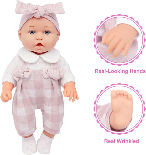 12" Playset 6 12 Inch Ecore Fun Baby Doll and Clothes Accessories - Pcs Doll with Pink Romper Outfit, Headband, Socks