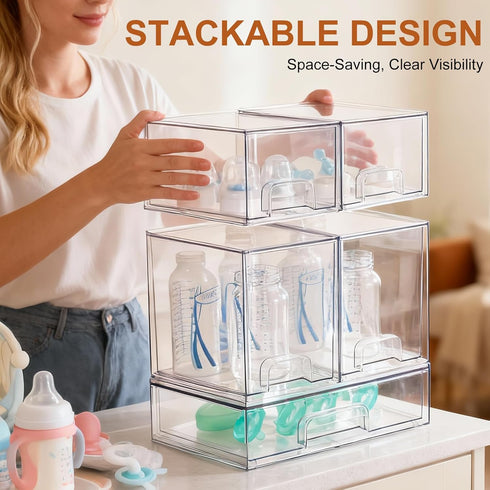 Rolheit 5 Pack Countertop, Baby Bottle Organizer - Stackable Clear Drawers with Labels, Baby Storage Solution Container