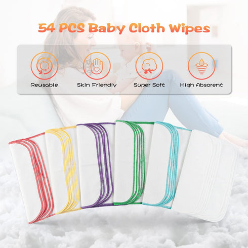 54 Packs 8x8 inch Flannel Cloth Baby Wipes with Dispenser, Reusable Natural Skin-Friendly Baby Wipes, Body Face Hand
