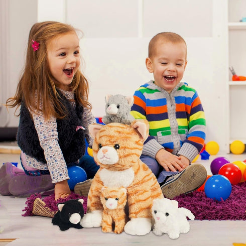 5 1 Mommy 4 Pieces Cat Stuffed Animal with Babies Inside Belly Stuffed Cat Toy with Baby Plush Kittens, Orange Tabby