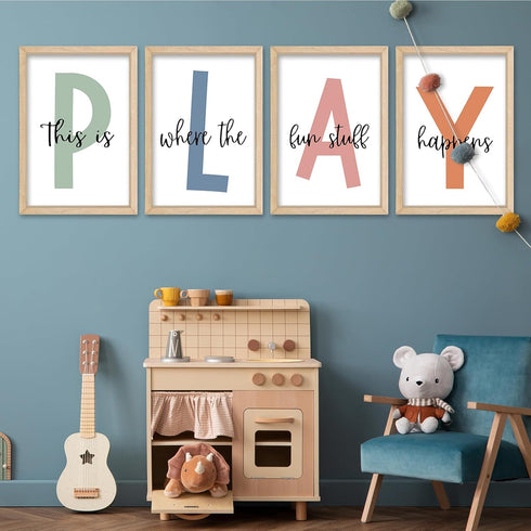 YWJKWLGS 16"x11" Set 4 This Is Where The Fun Stuff Happens Kids Playroom Wall Decor of Nursery Interesting Modren Wood