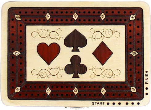 Wooden Cribbage Board/Box - 2 Track, Inlaid in Maple Wood/Bloodwood, Storage for Pegs & One Deck of Cards, 60 Points