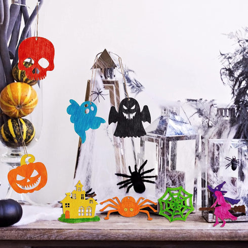 Max Fun 60PCS Halloween Crafts, Painting Wooden Slices Cutouts for Kids DIY Hanging Decorations