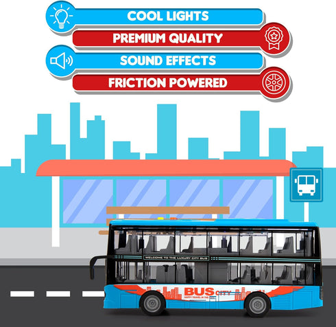 ArtCreativity Die Cast Double Decker Bus Toy with Lights & Sounds, Friction Powered for Kids