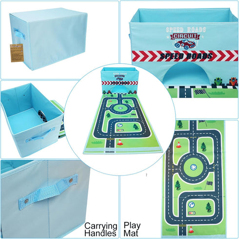 Livememory Toy Cars Garage Box, 2 in 1 Storage Box with Speed Roads for Car Toys, Sky Blue