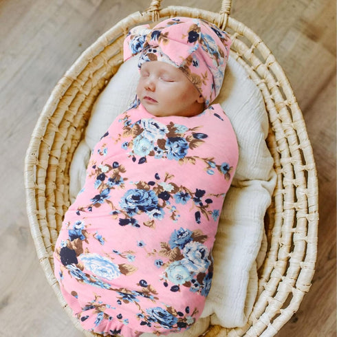 DRESHOW BQUBO Newborn Floral Receiving Blanket with Headbands or Hats, Toddler Warm Shower Gift