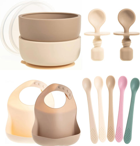 Baby Feeding Set, Silicone Bib, Bowl & Spoons for Self-Feeding First Stage