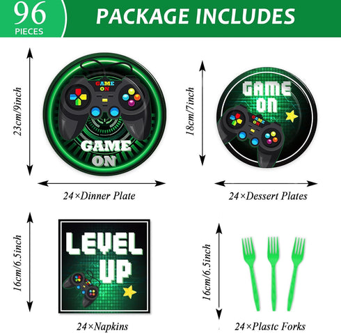 96 Pcs Video Game Plates and Napkins Party Supplies, Gaming Party Tableware Set for Kids Birthday