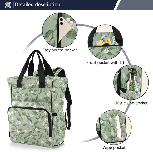 SUABO Backpack Leaf and Flower Pattern Baby Diaper Bag Large Bag Waterproof Travel Diaper Bags for Moms and Dads