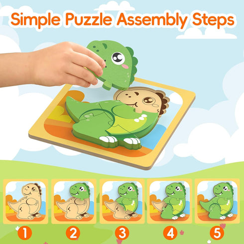 FunMission 8Pcs 3+ Puzzles, Animals Pegged Puzzles Toddler Toys, Brain Teaser Puzzles Montessori, Wooden Games