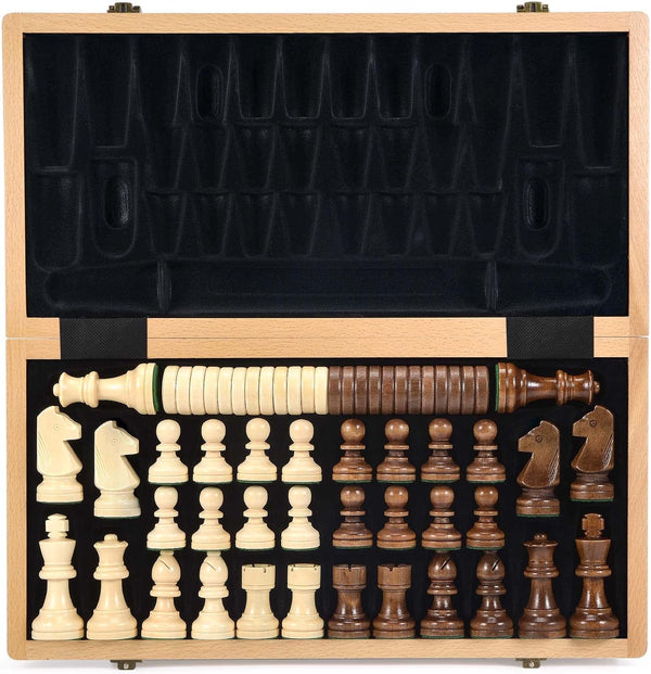AMEROUS 15 Inches Wooden Chess & Checkers Set with Upgraded Weighted Pieces, 2 Extra Queens, Storage Slots