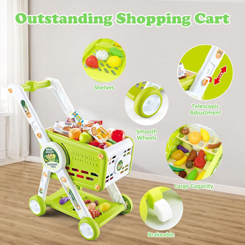 31PCS 3+ Supermarket Shopping Cart for Kids, Shopping Trolley Cart Toy with Play Food Shop Accessories, Pretend Play