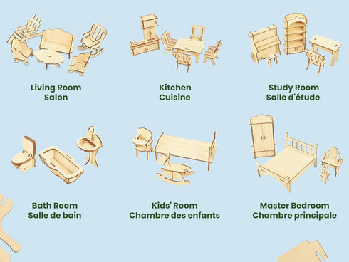 1/12 3D Large,28 BOHS Wooden Dolls House Furniture Scale - Puzzles for Miniature Dollhouse Furniture Accessories - PCS