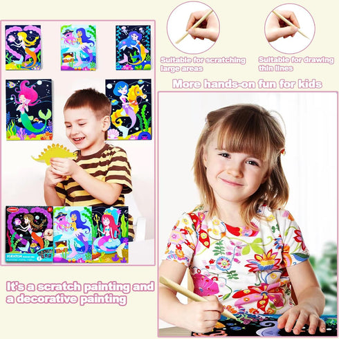 BAOXUE Scratch Art for Kids, Mermaids Black Rainbow Scratch Paper Set for DIY Activity and Party Games