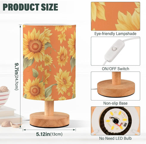 Vdsrup Table Lamp Sunflowers Orange Nightstand lamp Fabric Lamps with Wood Base Fabric Shade Bedside Desk Lamps