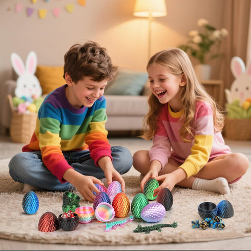 12PCS 3D Egg,8PCS Dragons+4PCS Stuffers,3D Printed Dragon Articulated DND Polyhedral Dice Egg Toy,Easter Basket Printed