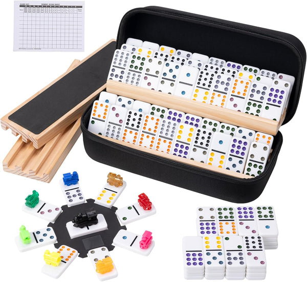 Mexican Train Dominoes Set with 4 Wooden Racks, Double 12 Dominos Game