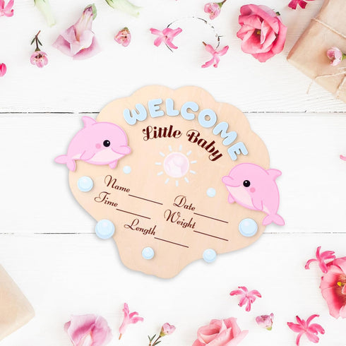 Penitue 7.2x5.91x0.12in/18.3x15x0.3cm Baby Announcement Sign, Cute Hello World Wooden Newborn Welcome Name Sign