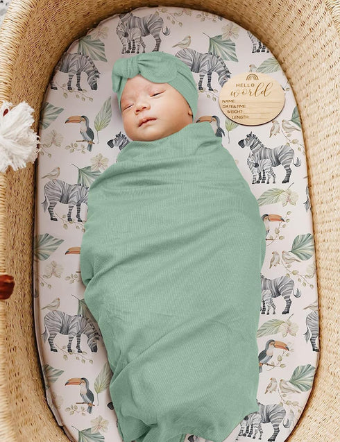 Stretchy Baby Swaddle Blanket and Headband Set, Newborn Receiving Blankets with Matching Hat