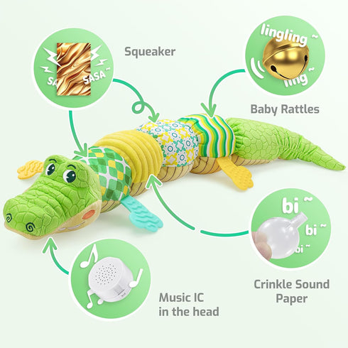 Baby Musical Crocodile Toys, Stuffed Animal Activity Soft Toys with Teether for Tummy Time, 0-12 Months (Green)