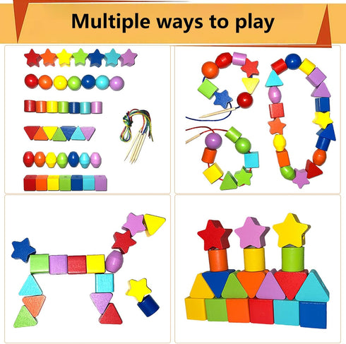 Intsinzi 46PCS Montessori Lacing Beads, Threading Toys for Toddlers, Wooden Fine Motor Skills Educational Toy for 3-6