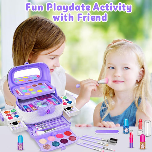 Hollyhi 58 Pcs Kids Makeup Kit for Girl - Real Washable Cosmetic Set with Mirror, Princess Toys, Play Make Up Birthday