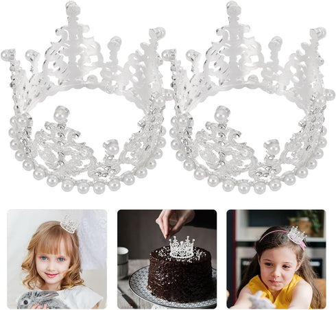 Amosfun 2pcs Mini Pearl Crown Cake Topper, Rhinestone Princess Tiara for Cupcake, DIY Birthday Wedding Party