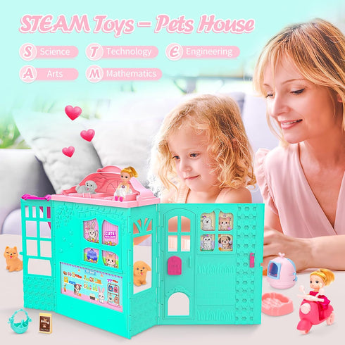 randhar Set, 31PCS 2Dolls, 6Little 3+ Dollhouse of Pets Toy Play Foldable Pets Doll House with Includes Motor, Pool