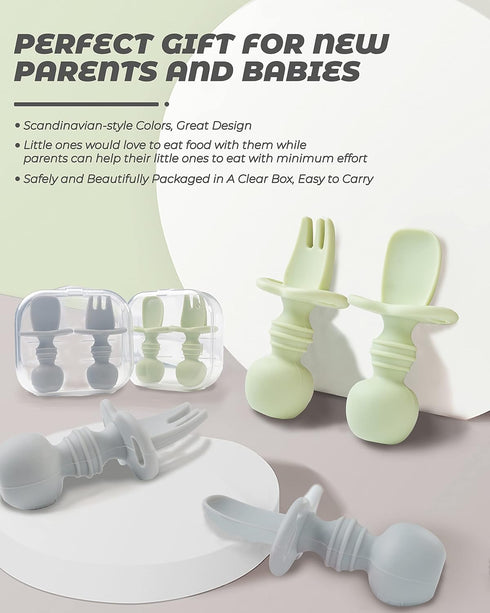 DF DUALFERV 4 Pcs Baby Spoons for Self Feeding, Silicone Toddler Utensils with 2 Cases, Green, Grey
