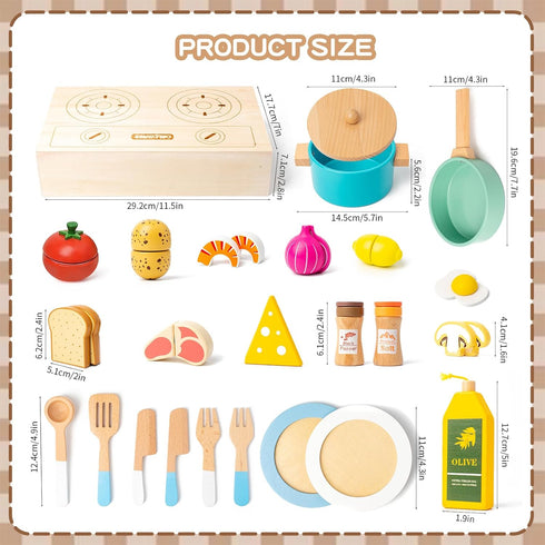 Set Sets 3-5,Gifts Boys,27pcs Wooden Kitchen Accessories Play Cooking Toys ,Play Pots and Pans for Kids,Pretend Play