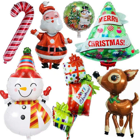 Giant 7pcs Christmas Decor Balloons Set, Mylar Foil Santa Claus, Elk, Snowman, Reindeer, Candy Cane, Tree