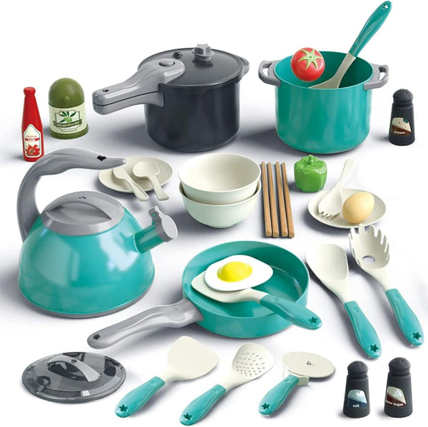 Bruvoalon 32Pcs Kids Play Kitchen Toys Set - Toddlers Pretend Cooking Playset with Pots, Pans, Utensils, Foods