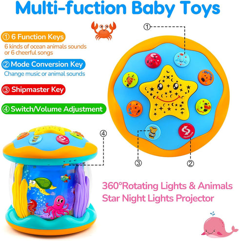 6-12 Tummy 0-6 3-6 4 5 6 7 8 9 12-18 1 Baby Toys Months Ocean Projector Rotating Musical Light Up Time Toys for Infant