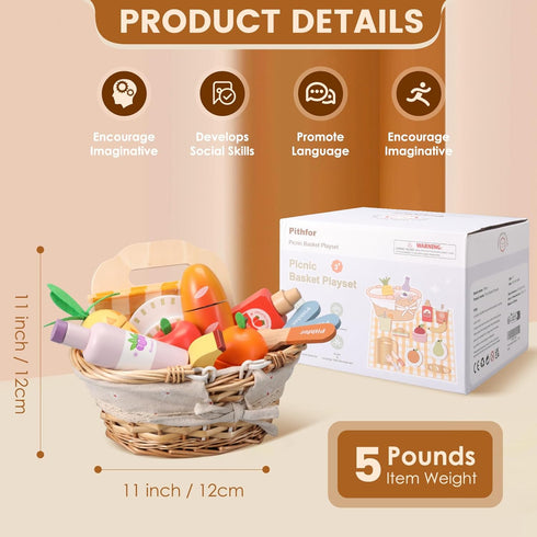 Playset, Set 3 4 5 Pithfor Picnic Wooden Play Food for Kids Kitchen, Cutting Pretend Play Kitchen Food Toy for Toddlers