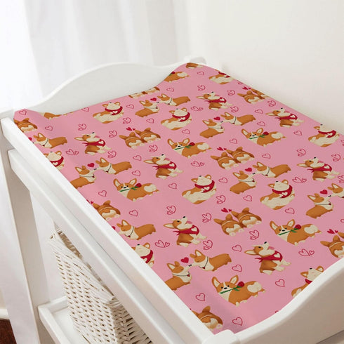 Valentine Corgi Love Changing Pad Cover – Cute Dogs Lovers Gift for Girls Boys, Soft Stretchy Baby Changing Mat